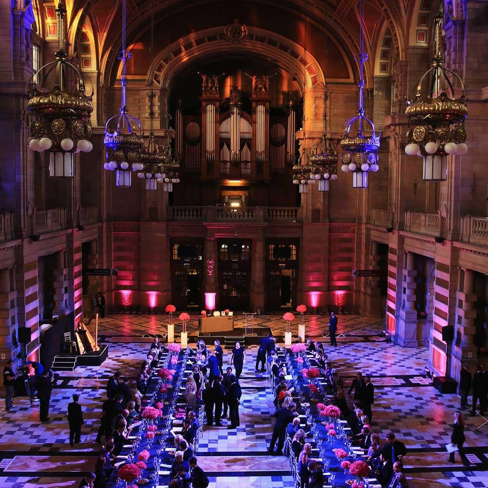 A photo showing preparations for the 2014 Ryder Cup Gala Dinner at Glasgow's Kelvingrove Art Gallery and Museum