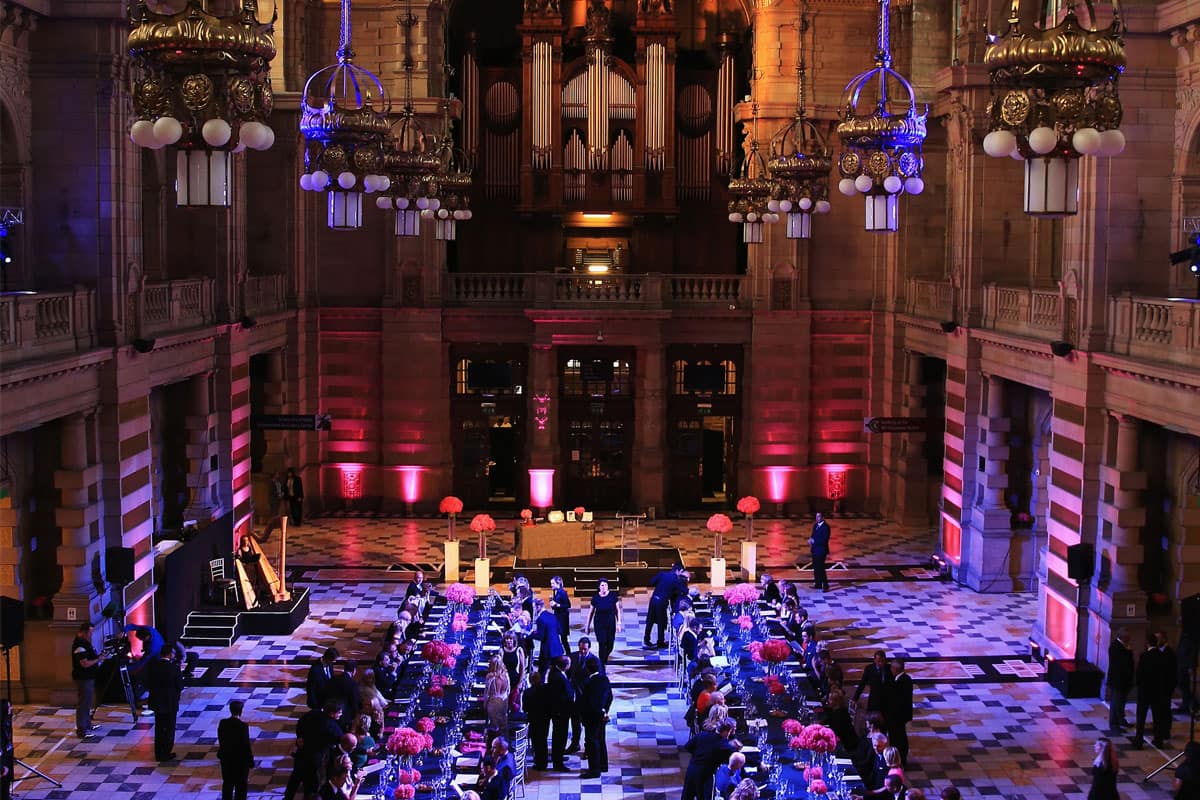 A photo showing preparations for the 2014 Ryder Cup Gala Dinner at Glasgow's Kelvingrove Art Gallery and Museum