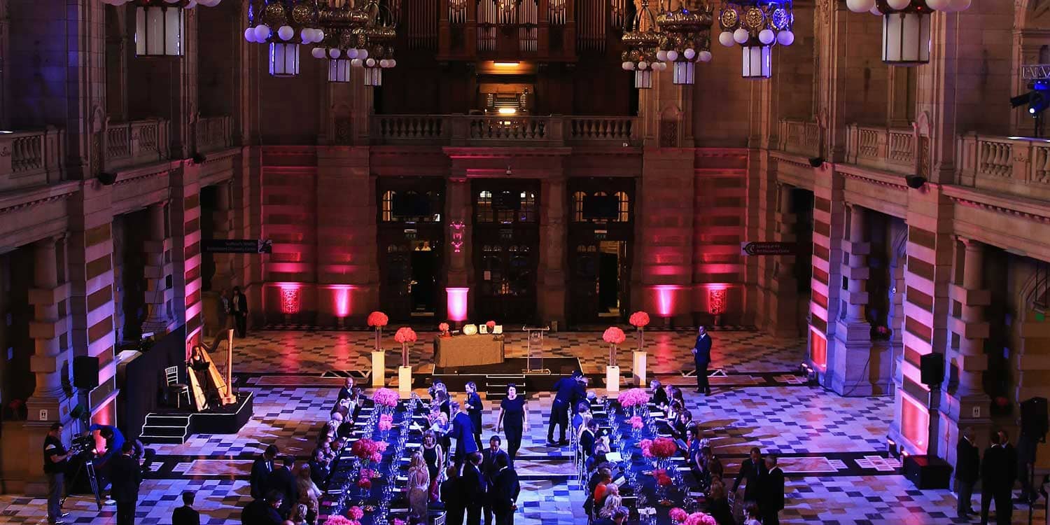 A photo showing preparations for the 2014 Ryder Cup Gala Dinner at Glasgow's Kelvingrove Art Gallery and Museum